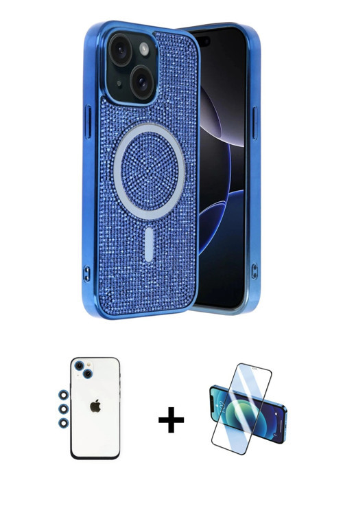 ieg™ iPhone 14 Kılıf Eksen Çizgi - Siyah 3D Antistatik Cam Ekran Koruyucu + Mavi Shine Kamera Lens