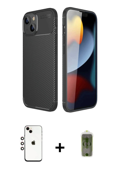 ieg™ iPhone 14 Kılıf Eksen Form Prime - Siyah Joko Magic 5D Hayalet Cam + Gökkuşağı Shine Kamera Len