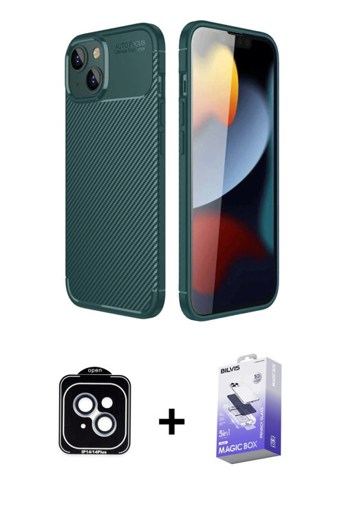 ieg™ iPhone 14 Kılıf Eksen Form Prime - Siyah Bilvis 5in1 5D Magic Hayalet Cam Ekran Koruyucu + Mavi