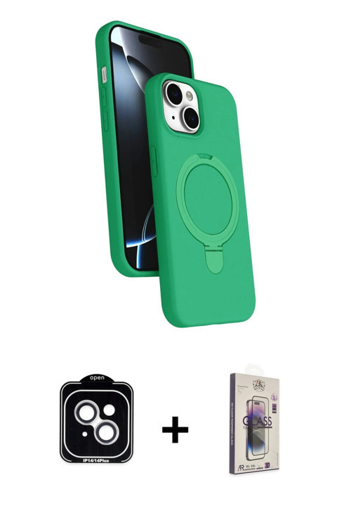 ieg™ iPhone 14 Kılıf İz Işık Koleksiyonu - Siyah Bilvis 3D Cam Ekran Koruyucu + Gümüş PVD Metal Kame