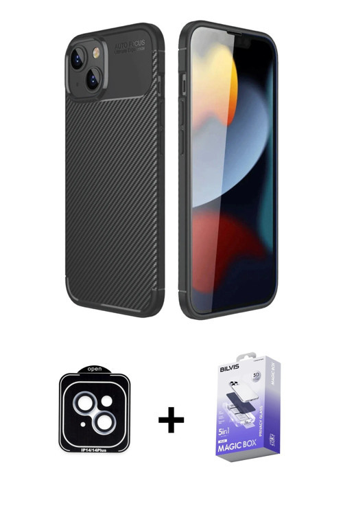 ieg™ iPhone 14 Kılıf Eksen Form Prime - Siyah Bilvis 5in1 5D Magic Hayalet Cam Ekran Koruyucu + Mavi