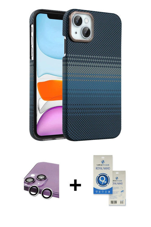ieg™ iPhone 14 Kılıf Doruk Serisi - Şeffaf Royal Nano Ekran Koruyucu + Gümüş Raze Metal Kamera Lens
