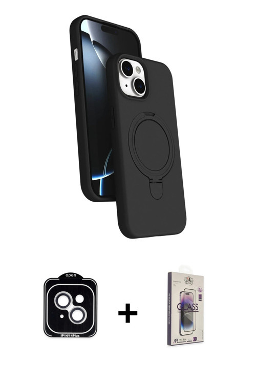 ieg™ iPhone 14 Kılıf İz Işık Koleksiyonu - Siyah Bilvis 3D Cam Ekran Koruyucu + Gümüş PVD Metal Kame