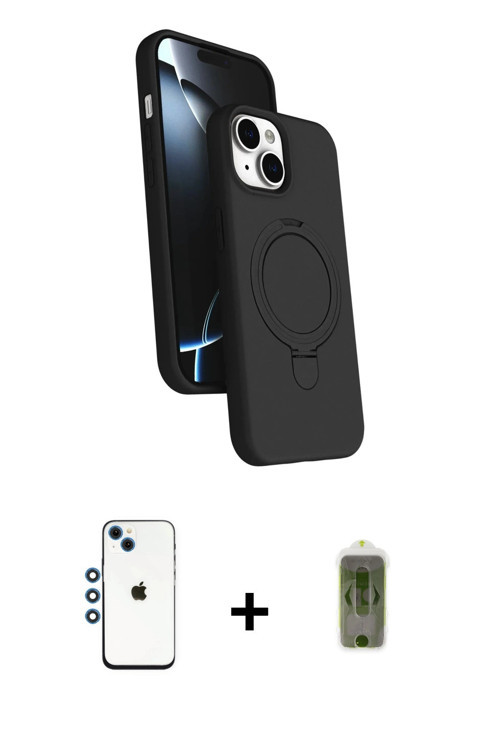 ieg™ iPhone 14 Kılıf İz Işık Koleksiyonu - Siyah Joko Magic 5D Hayalet Cam + Mavi Shine Kamera Lens