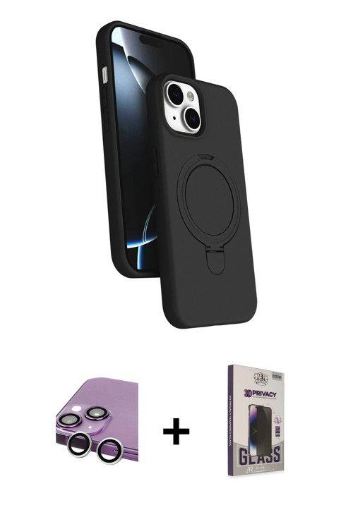 ieg™ iPhone 14 Kılıf İz Işık Koleksiyonu - Siyah Bilvis Hayalet Cam Ekran Koruyucu + Gümüş Raze Meta