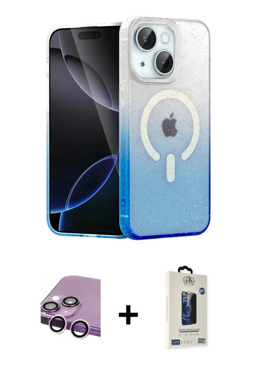 ieg™ iPhone 14 Kılıf Eksen Minimal Özel Seri - Siyah Bilvis Hayalet Cam Ekran Koruyucu + Mor Raze Me