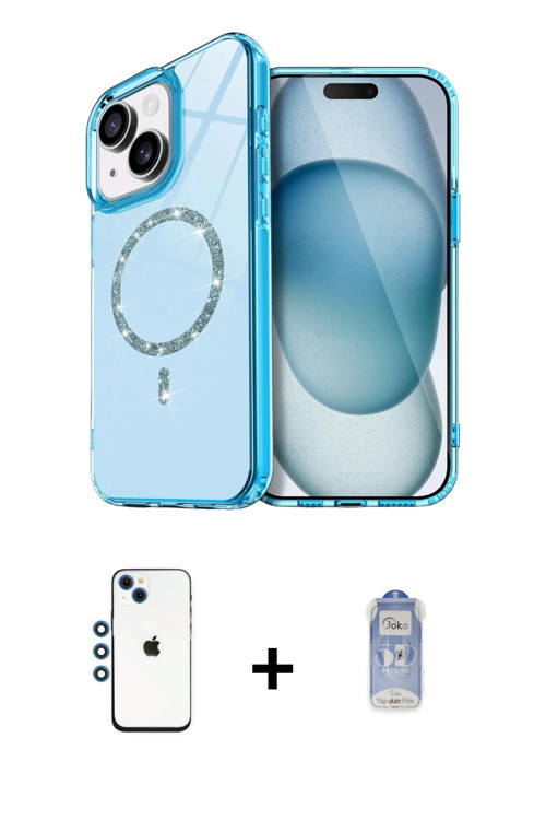 ieg™ iPhone 14 Kılıf Kıvılcım Form Prime - Siyah Joko Magic 5D Cam + Mavi Shine Kamera Lens