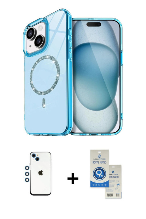 ieg™ iPhone 14 Kılıf Kıvılcım Form Prime - Şeffaf Royal Nano Ekran Koruyucu + Mavi Shine Kamera Lens