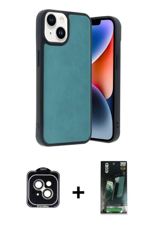 ieg™ iPhone 14 Kılıf Kıvılcım Işık Serisi - Şeffaf 360 Full Body Arka Koruyucu + Yeşil PVD Metal Kam