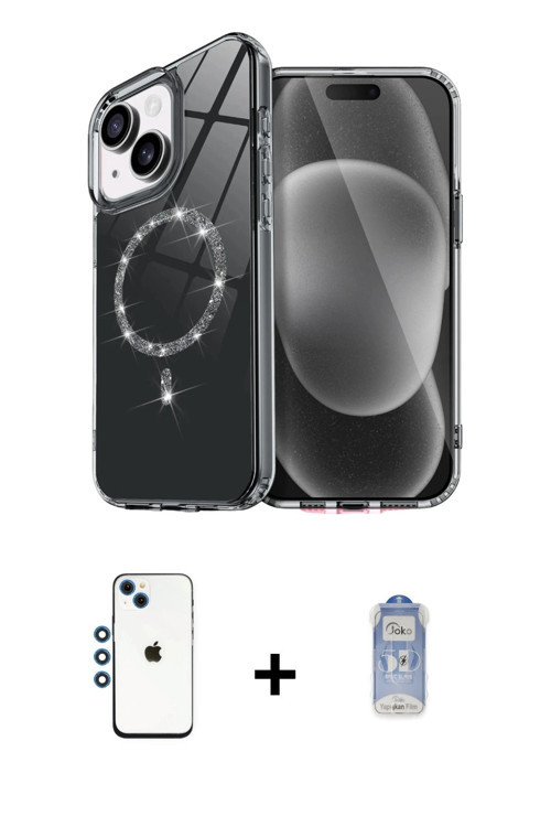 ieg™ iPhone 14 Kılıf Kıvılcım Form Prime - Siyah Joko Magic 5D Cam + Mavi Shine Kamera Lens