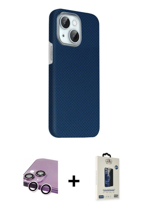 ieg™ iPhone 14 Kılıf Kozmos Klasik Prime - Siyah Bilvis Hayalet Cam Ekran Koruyucu + Mor Raze Metal