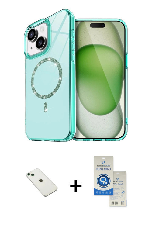 ieg™ iPhone 14 Kılıf Kıvılcım Form Prime - Şeffaf Royal Nano Ekran Koruyucu + Yeşil Diamond Kamera L