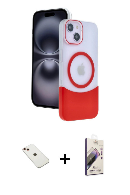 ieg™ iPhone 14 Kılıf Kozmos Form Özel Seri - Siyah Bilvis 3D Mat Cam Ekran Koruyucu + Kırmızı Diamon