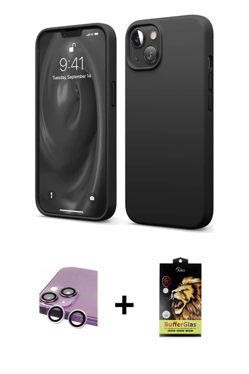 ieg™ iPhone 14 Kılıf Kozmos Yansıma Özel Seri - Siyah Buffer Cam Ekran Koruyucu + Mor Raze Metal Kam