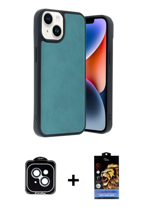 ieg™ iPhone 14 Kılıf Kıvılcım Işık Serisi - Siyah Buffer Hayalet Cam Ekran Koruyucu + Mavi PVD Metal