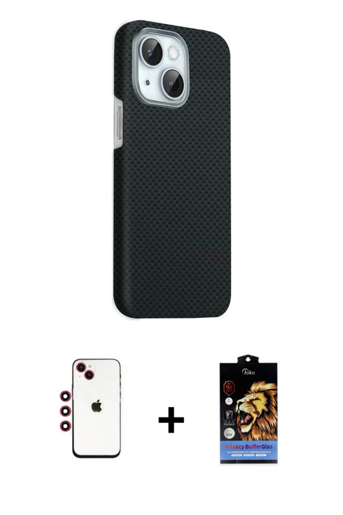 ieg™ iPhone 14 Kılıf Kozmos Klasik Prime - Siyah Buffer Hayalet Cam Ekran Koruyucu + Kırmızı Shine K