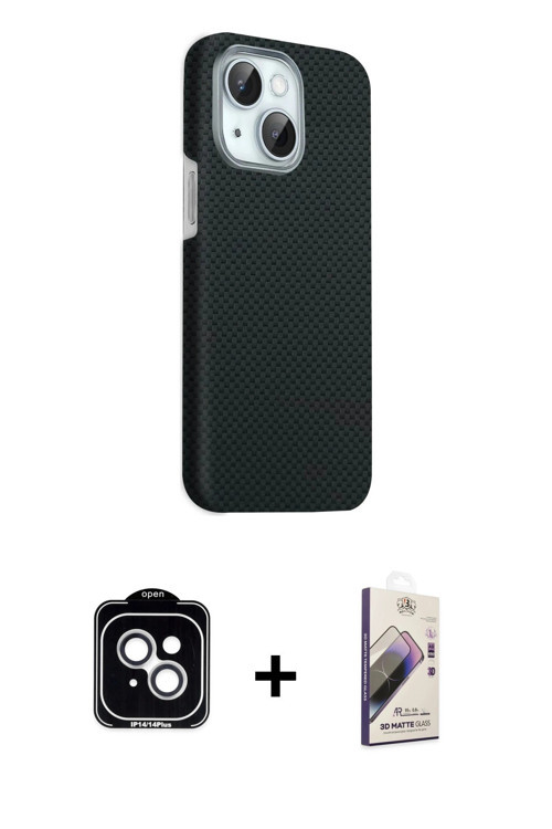 ieg™ iPhone 14 Kılıf Kozmos Klasik Prime - Siyah Bilvis 3D Mat Cam Ekran Koruyucu + Gümüş PVD Metal