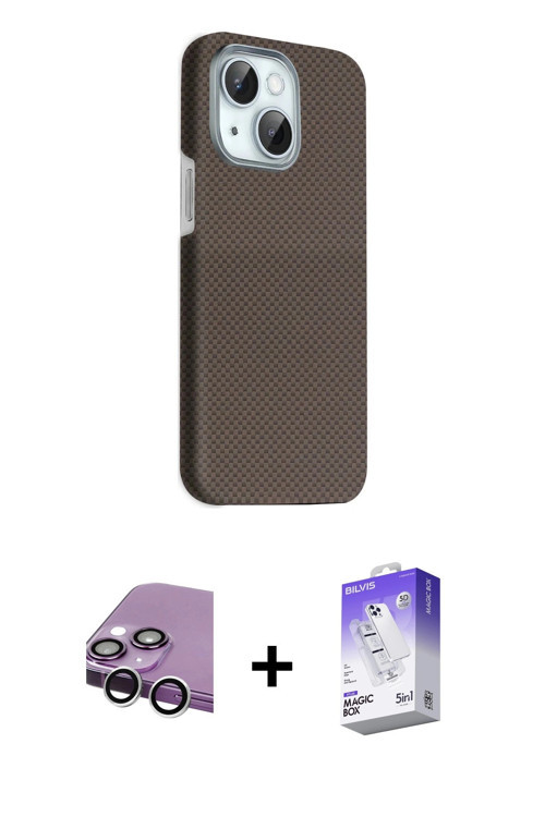 ieg™ iPhone 14 Kılıf Kozmos Klasik Prime - Siyah Bilvis 5in1 3D Magic Cam Ekran Koruyucu + Gümüş Raz