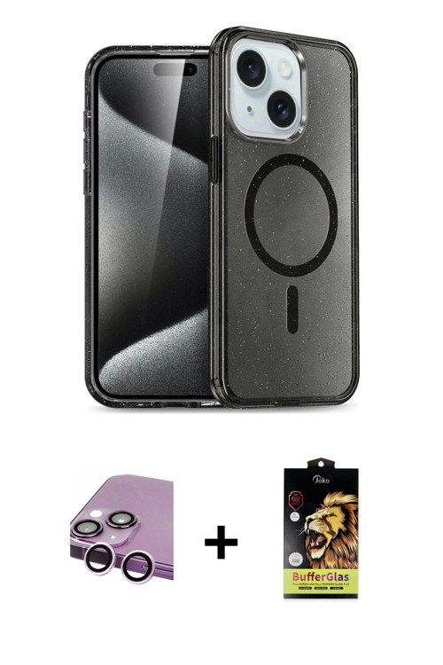 ieg™ iPhone 14 Kılıf Nova Asil Prime - Siyah Buffer Cam Ekran Koruyucu + Mor Raze Metal Kamera Lens