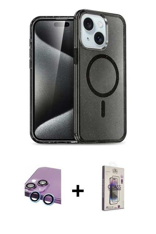 ieg™ iPhone 14 Kılıf Nova Asil Prime - Siyah Bilvis 3D Cam Ekran Koruyucu + Mavi Raze Metal Kamera L
