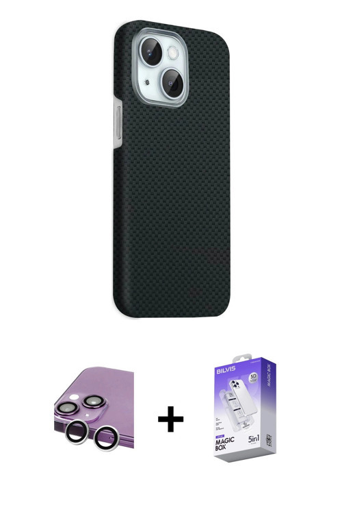ieg™ iPhone 14 Kılıf Kozmos Klasik Prime - Siyah Bilvis 5in1 3D Magic Cam Ekran Koruyucu + Gümüş Raz
