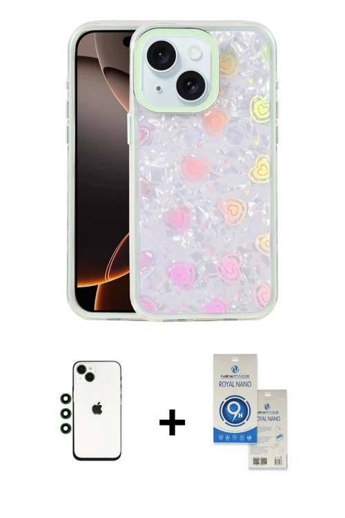 ieg™ iPhone 14 Kılıf Odak Prime - Şeffaf Royal Nano Ekran Koruyucu + Yeşil Shine Kamera Lens