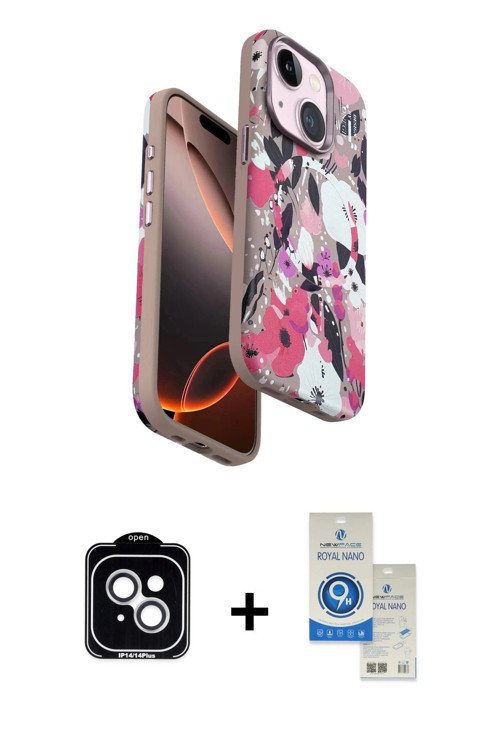 ieg™ iPhone 14 Kılıf Siluet Doku - Şeffaf Royal Nano Ekran Koruyucu + Gümüş PVD Metal Kamera Lens