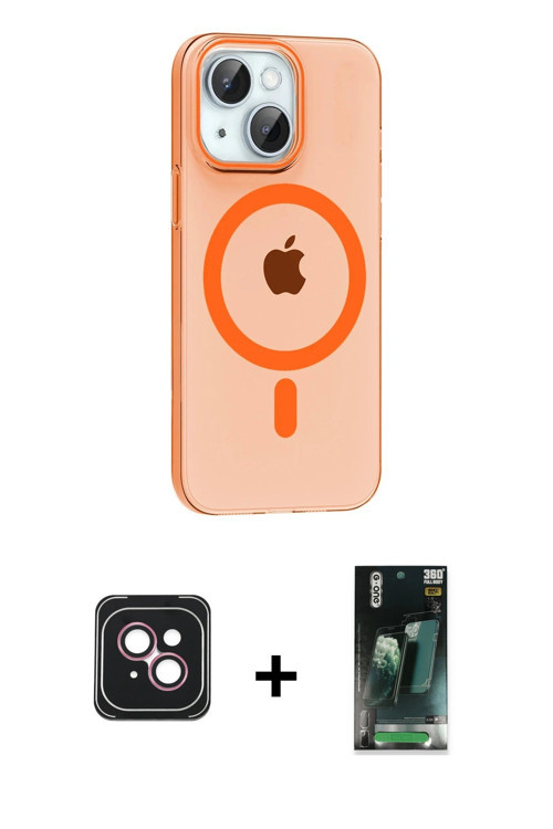 ieg™ iPhone 14 Kılıf Pusula Form Özel Seri - Şeffaf 360 Full Body Arka Koruyucu + Pembe PVD Metal Ka