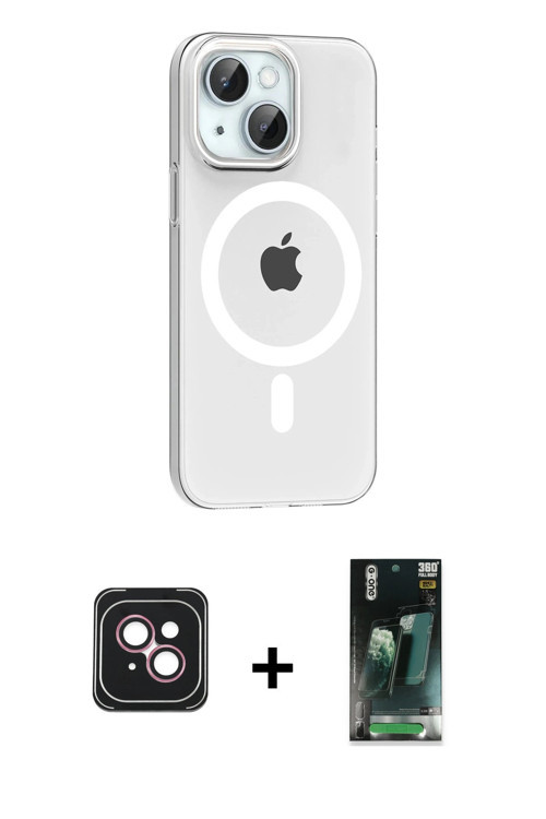 ieg™ iPhone 14 Kılıf Pusula Form Özel Seri - Şeffaf 360 Full Body Arka Koruyucu + Pembe PVD Metal Ka
