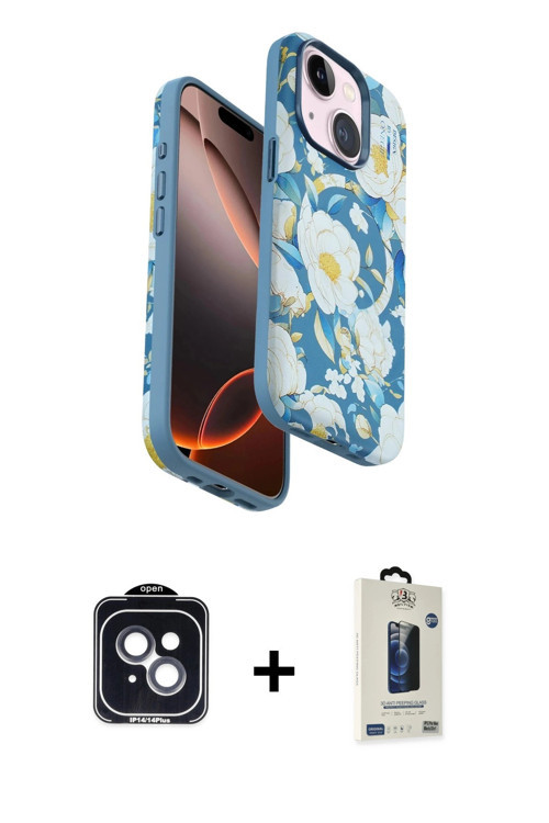 ieg™ iPhone 14 Kılıf Siluet Doku - Siyah Bilvis Hayalet Cam Ekran Koruyucu + Siyah PVD Metal Kamera