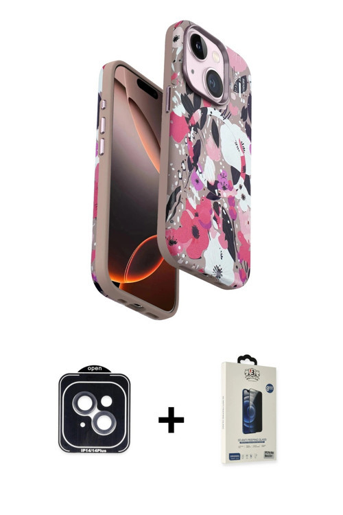 ieg™ iPhone 14 Kılıf Siluet Doku - Siyah Bilvis Hayalet Cam Ekran Koruyucu + Siyah PVD Metal Kamera
