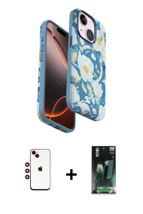 ieg™ iPhone 14 Kılıf Siluet Doku - Şeffaf 360 Full Body Arka Koruyucu + Kırmızı Shine Kamera Lens