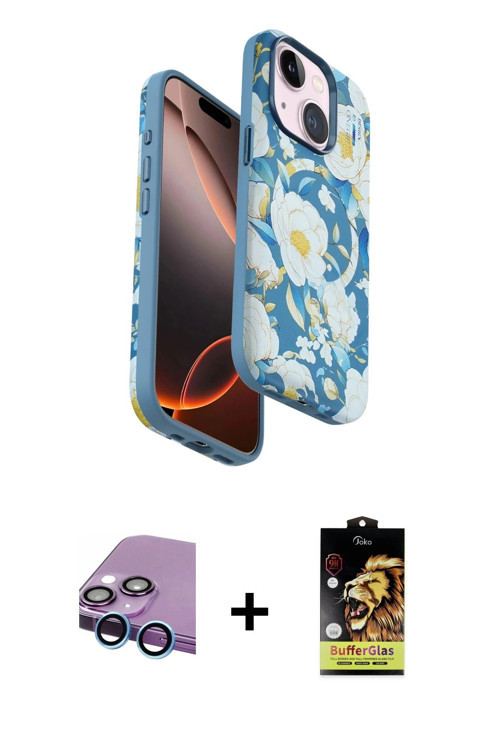 ieg™ iPhone 14 Kılıf Siluet Doku - Siyah Buffer Cam Ekran Koruyucu + Mavi Raze Metal Kamera Lens