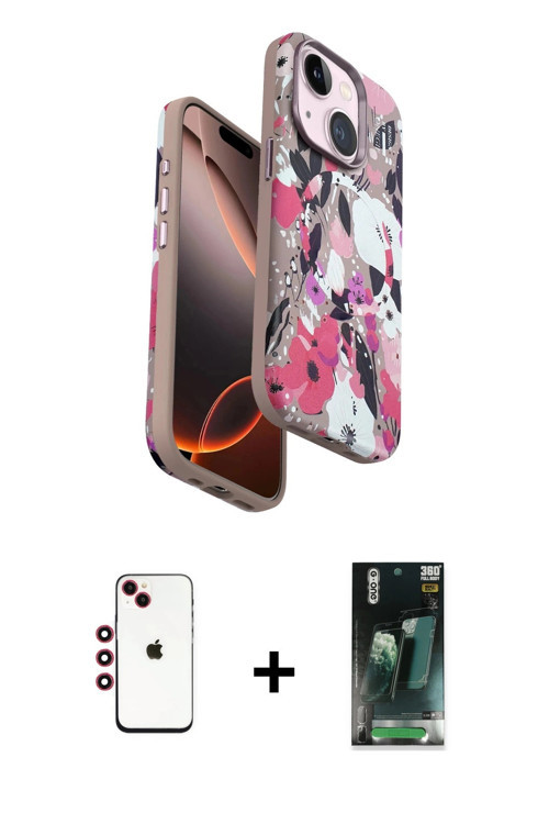 ieg™ iPhone 14 Kılıf Siluet Doku - Şeffaf 360 Full Body Arka Koruyucu + Kırmızı Shine Kamera Lens