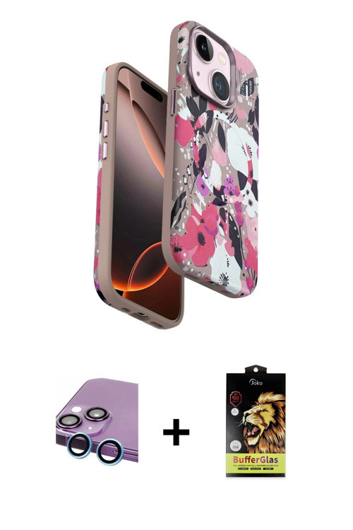 ieg™ iPhone 14 Kılıf Siluet Doku - Siyah Buffer Cam Ekran Koruyucu + Mavi Raze Metal Kamera Lens