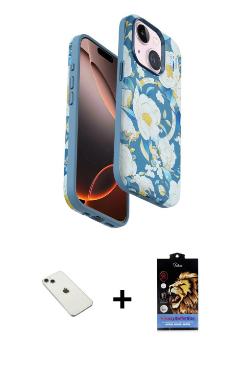 ieg™ iPhone 14 Kılıf Siluet Doku - Siyah Buffer Hayalet Cam Ekran Koruyucu + Yeşil Diamond Kamera Le