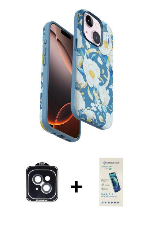 ieg™ iPhone 14 Kılıf Siluet Doku - Şeffaf Pasifik Cam Ekran Koruyucu + Siyah PVD Metal Kamera Lens
