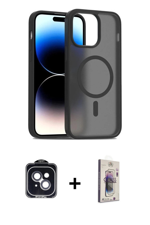 ieg™ iPhone 14 Kılıf Siluet Minimal Prime - Siyah Bilvis 3D Cam Ekran Koruyucu + Siyah PVD Metal Kam