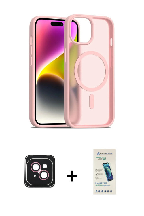 ieg™ iPhone 14 Kılıf Siluet Minimal Prime - Şeffaf Pasifik Cam Ekran Koruyucu + Pembe PVD Metal Kame