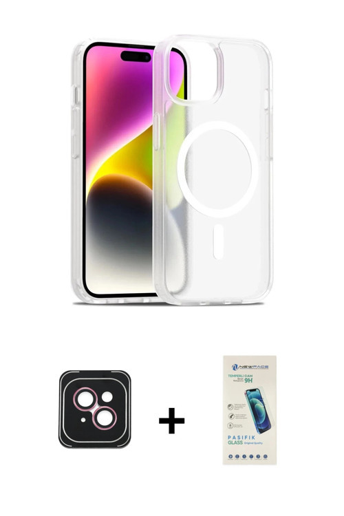 ieg™ iPhone 14 Kılıf Siluet Minimal Prime - Şeffaf Pasifik Cam Ekran Koruyucu + Pembe PVD Metal Kame