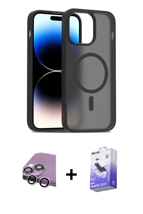 ieg™ iPhone 14 Kılıf Siluet Minimal Prime - Siyah Bilvis 5in1 5D Magic Hayalet Cam Ekran Koruyucu +