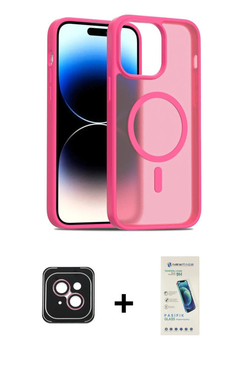 ieg™ iPhone 14 Kılıf Siluet Minimal Prime - Şeffaf Pasifik Cam Ekran Koruyucu + Pembe PVD Metal Kame