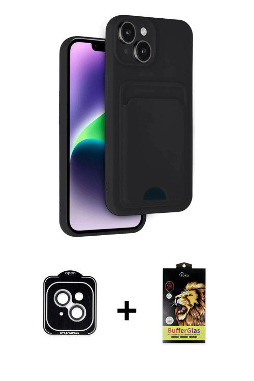 ieg™ iPhone 14 Kılıf Vadi Çizgi Prime - Siyah Buffer Cam Ekran Koruyucu + Gümüş PVD Metal Kamera Len