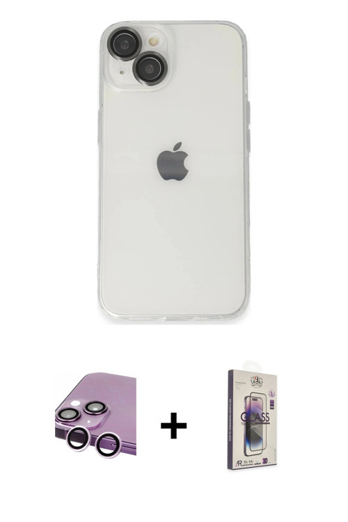 ieg™ iPhone 14 Kılıf Ufuk Minimal Özel Seri - Siyah Bilvis 3D Cam Ekran Koruyucu + Mor Raze Metal Ka
