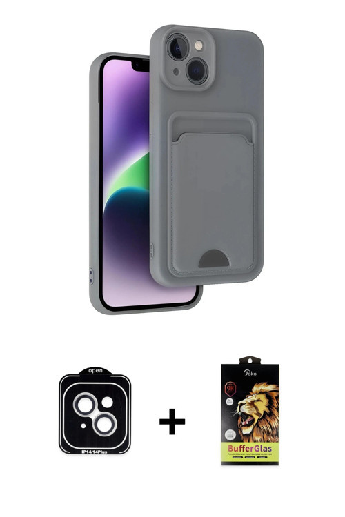 ieg™ iPhone 14 Kılıf Vadi Çizgi Prime - Siyah Buffer Cam Ekran Koruyucu + Gümüş PVD Metal Kamera Len