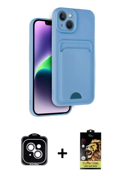 ieg™ iPhone 14 Kılıf Vadi Çizgi Prime - Siyah Buffer Cam Ekran Koruyucu + Gümüş PVD Metal Kamera Len