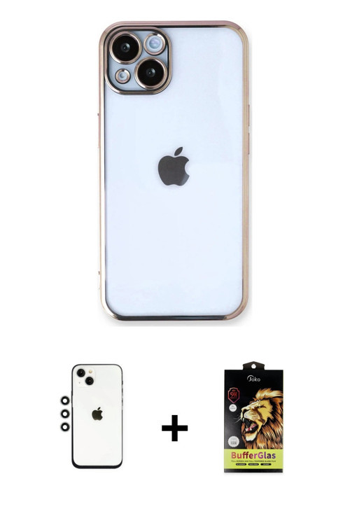 ieg™ iPhone 14 Kılıf Vadi Minimal - Siyah Buffer Cam Ekran Koruyucu + Gümüş Shine Kamera Lens
