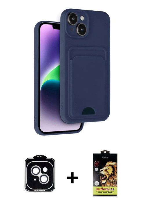 ieg™ iPhone 14 Kılıf Vadi Çizgi Prime - Siyah Buffer Cam Ekran Koruyucu + Gümüş PVD Metal Kamera Len