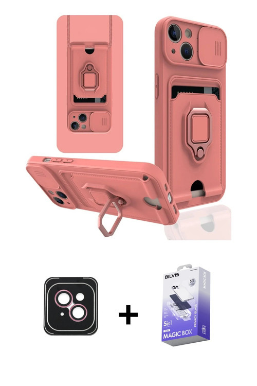 ieg™ iPhone 14 Kılıf Vadi Form Prime - Siyah Bilvis 5in1 5D Magic Hayalet Cam Ekran Koruyucu + Pembe