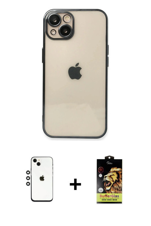 ieg™ iPhone 14 Kılıf Vadi Minimal - Siyah Buffer Cam Ekran Koruyucu + Gümüş Shine Kamera Lens